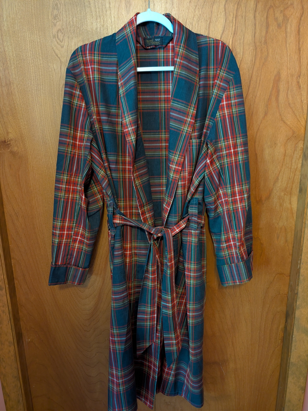 Sears Vintage Men's Plaid Robe in Red and Green with Self-Tie Belt